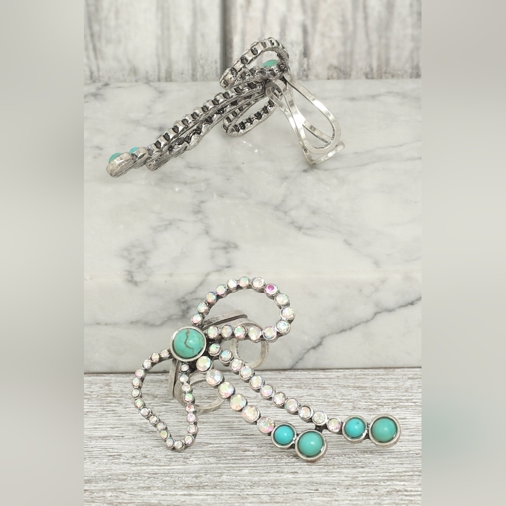 Silver and Turquoise Rhinestone Bow Ring